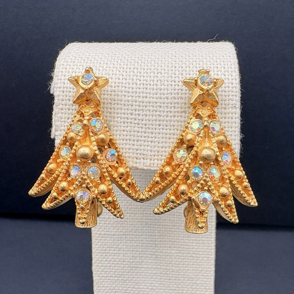 Vintage Hollycraft AB Aurora Borealis Crystal Christmas‎ Tree Clip On Earrings